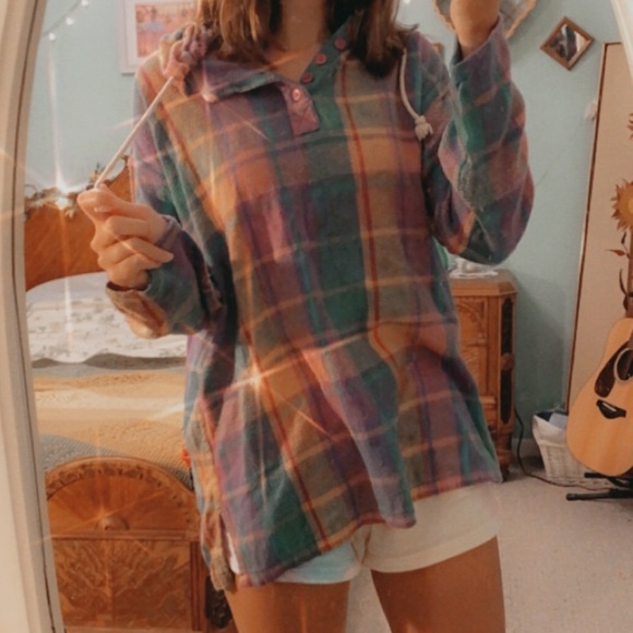 vintage rainbow flannel button up hoodie! - Picture 2 of 9